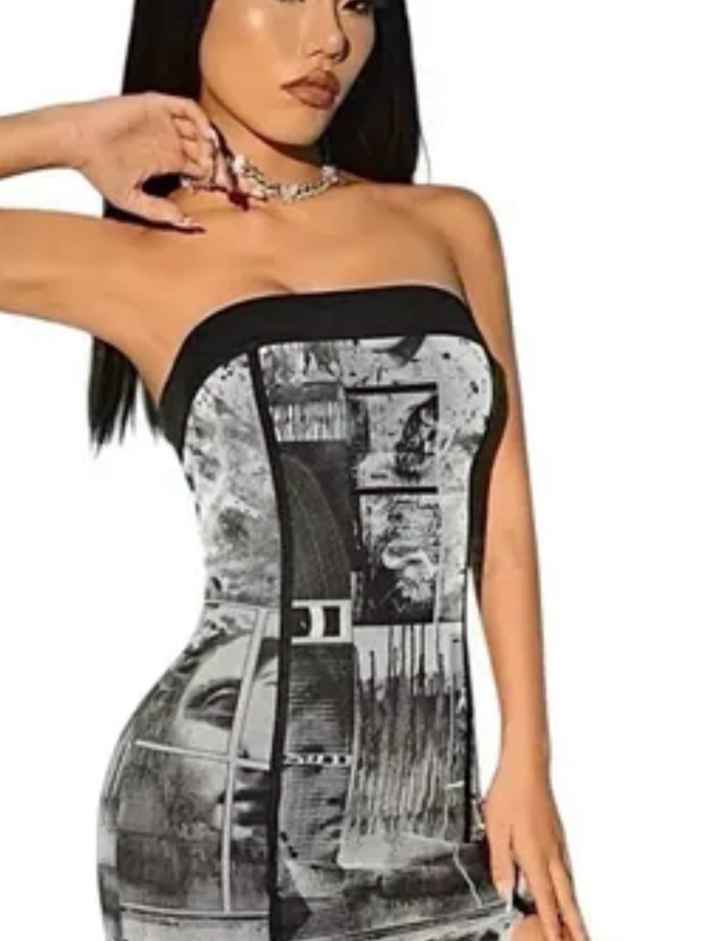 Strapless Monochrome Graphic Bodycon Dress